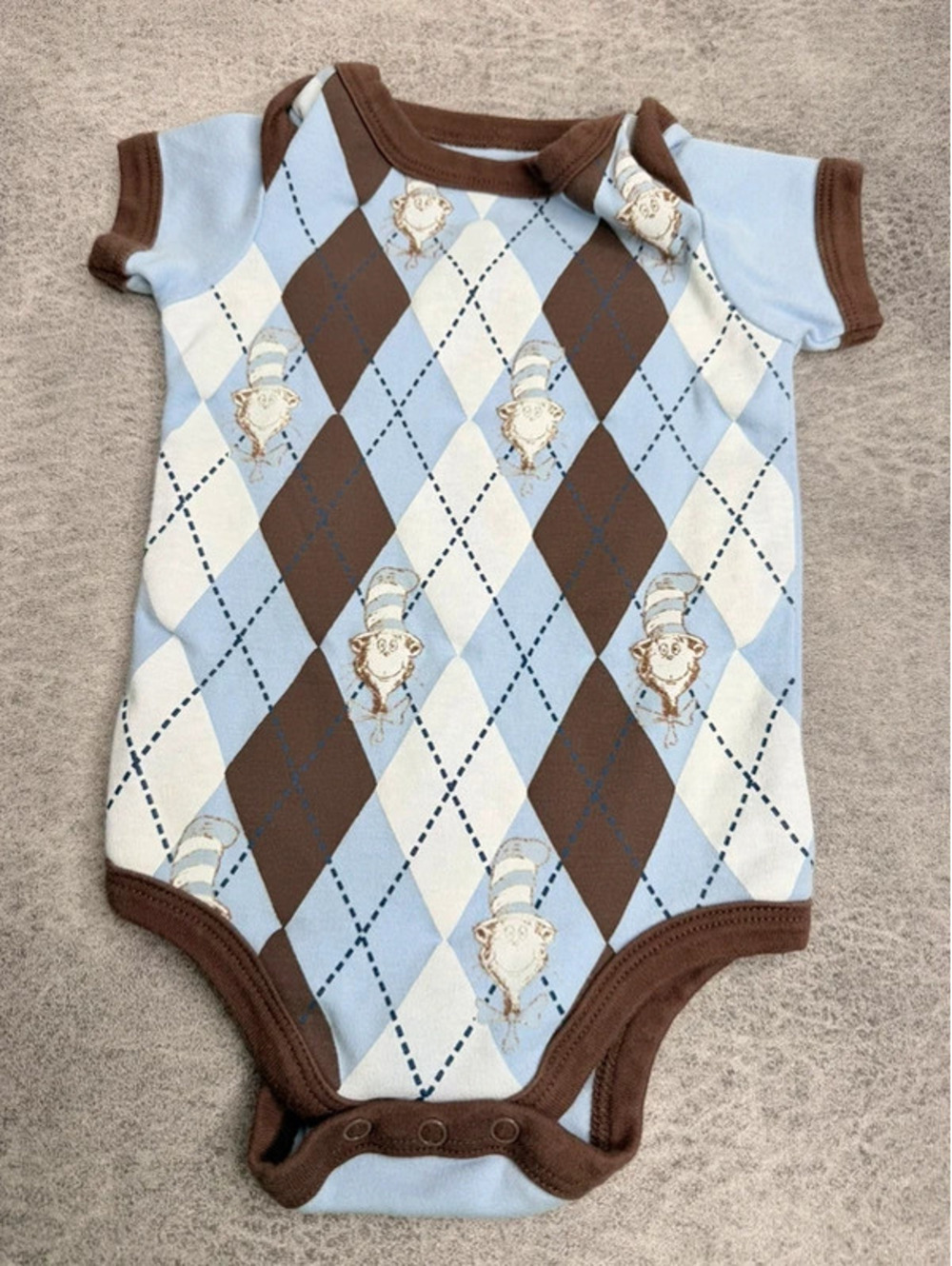 Dr. Seuss Cat in the Hat Baby Bodysuit 6 Months Argyle Blue Brown One Piece